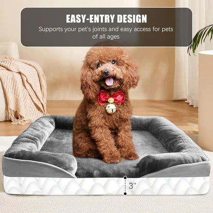 Brown dog relaxing in a gray dog bed with raised bolster pillows
