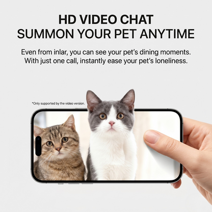 Smart pet feeder video chat shown on a phone with two cats on screen