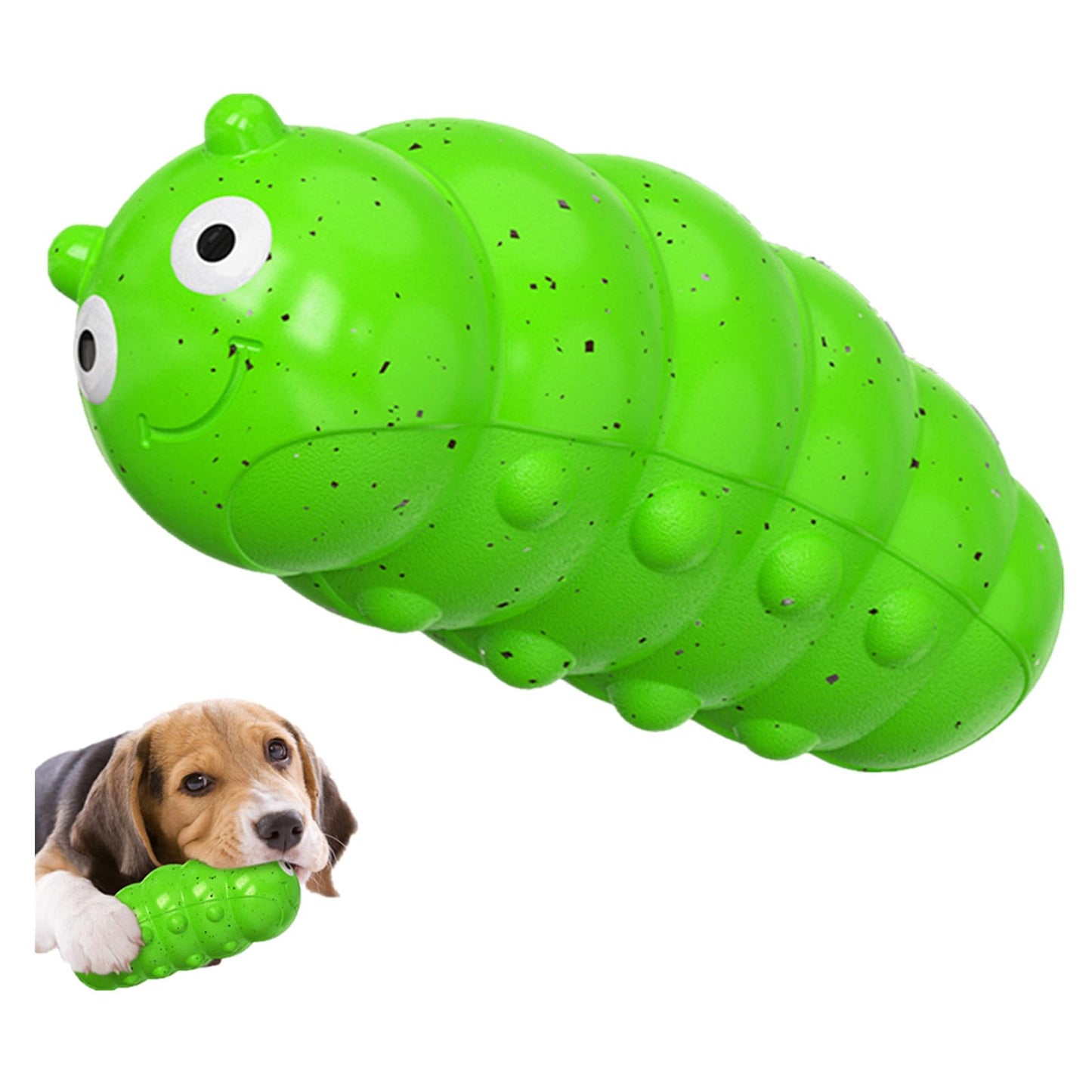 Green ribbed squeaky dog chew toy shaped like a caterpillar with cartoon face.