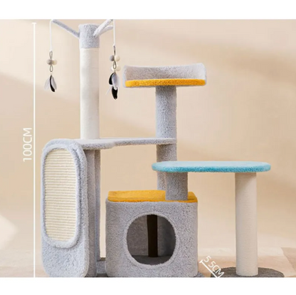 Large cat scratching and climbing platform with gray posts, beige sisal, and blue top perch