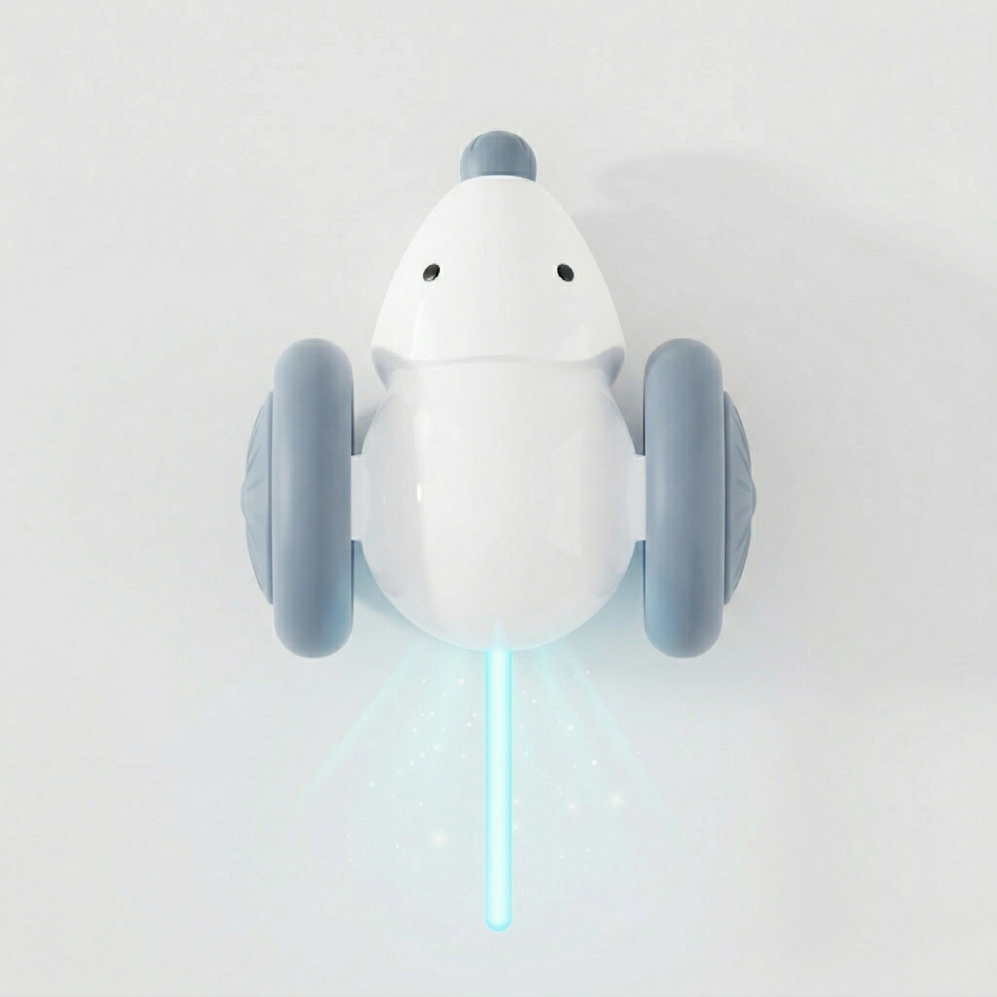 Cat LED mouse toy with white body, blue wheels, and glowing light wand