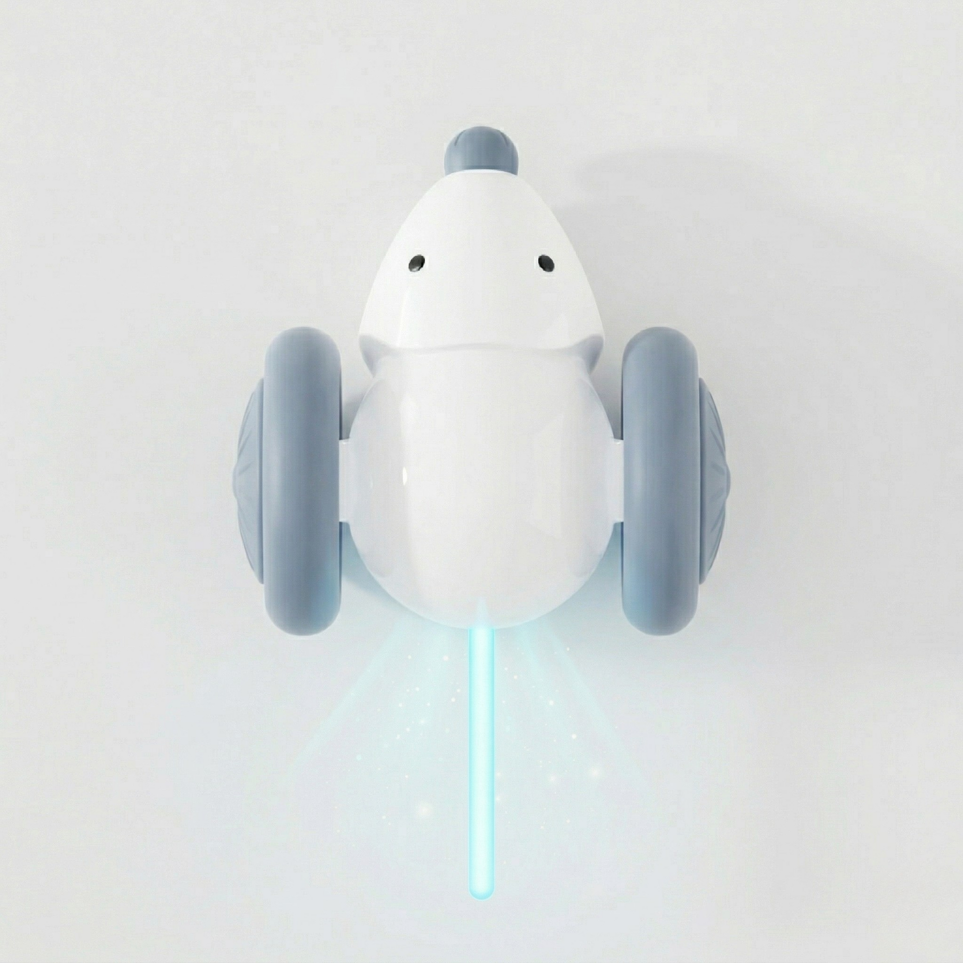 Cat LED mouse toy with white body, blue wheels, and glowing light wand