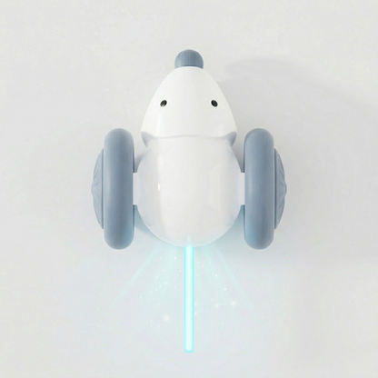 Cat LED mouse toy with white body, blue wheels, and glowing light wand
