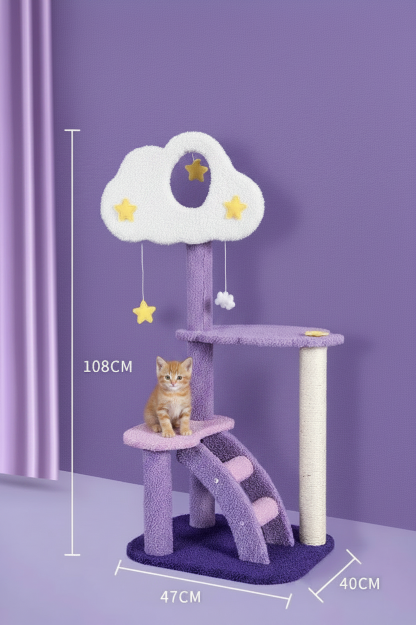 Cat activity platform with purple base, lavender posts, and white cloud top with hanging toys