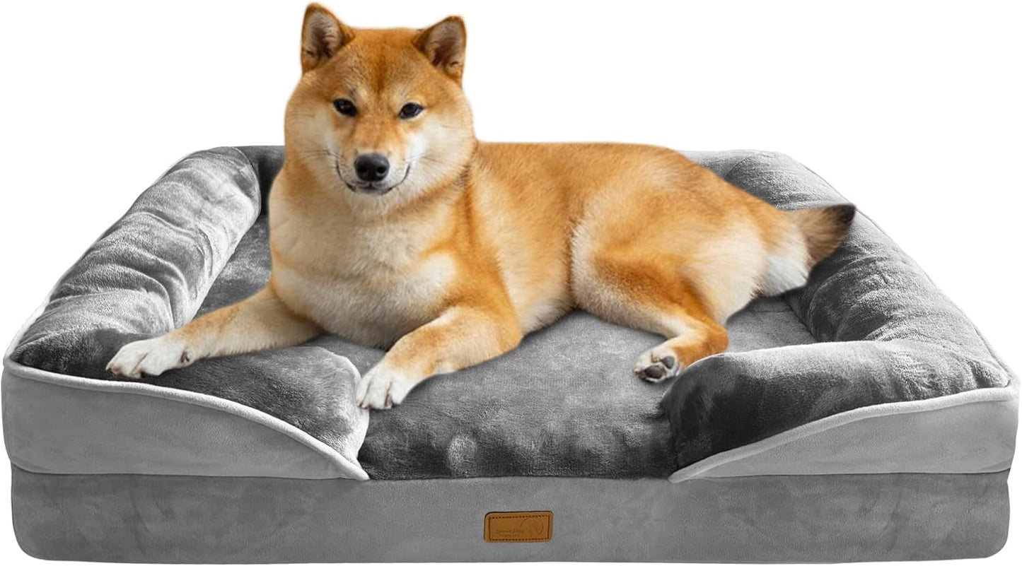 Shiba Inu resting on a gray orthopedic dog bed with raised bolster pillows