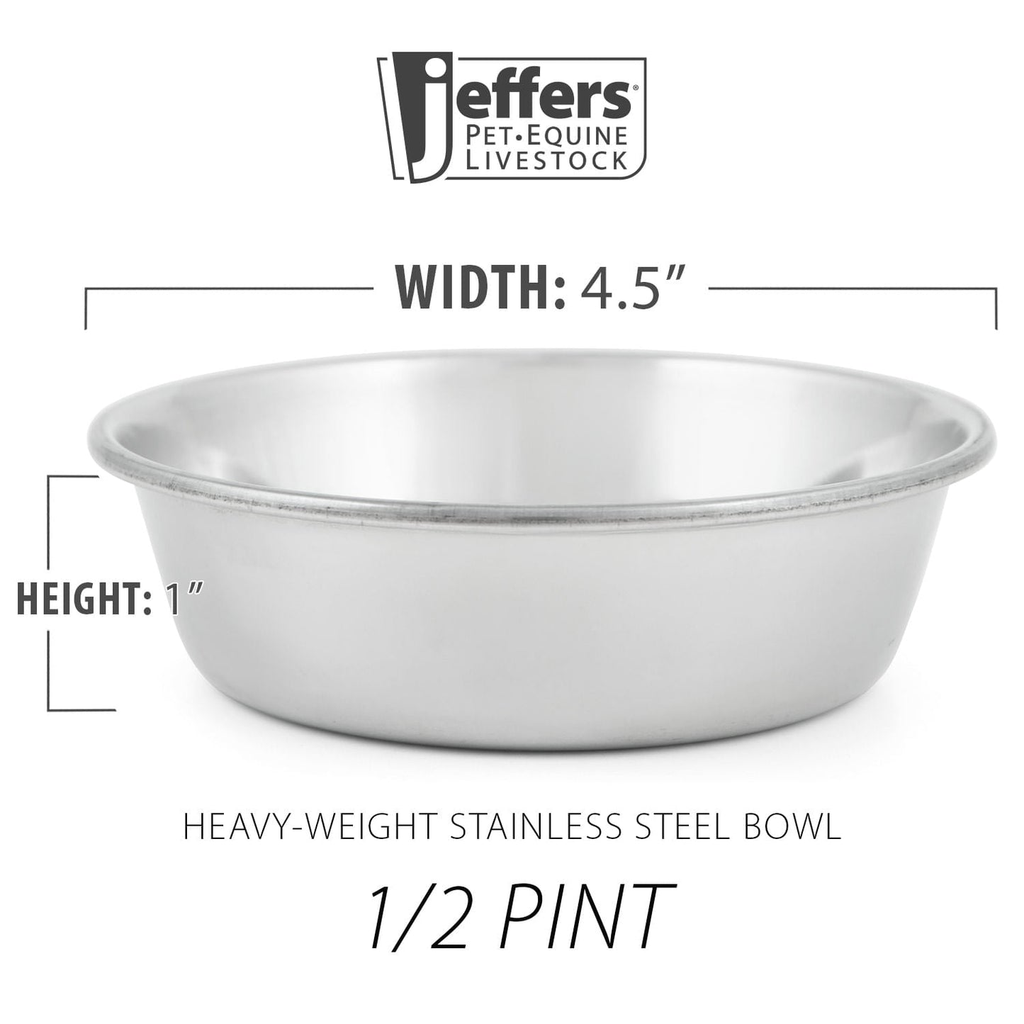 Stainless steel pet bowl with dimensions label, 1/2 pint size, side view.