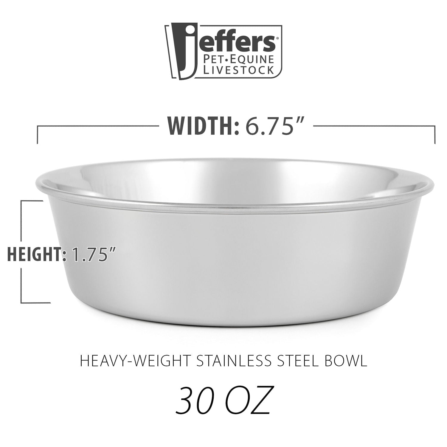 Stainless steel pet bowl with dimensions label, 30 oz size, side view.