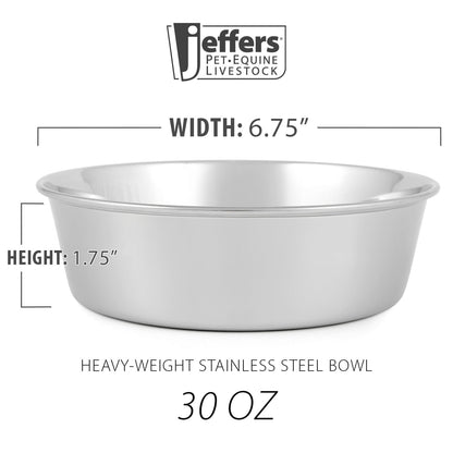 Stainless steel pet bowl with dimensions label, 30 oz size, side view.