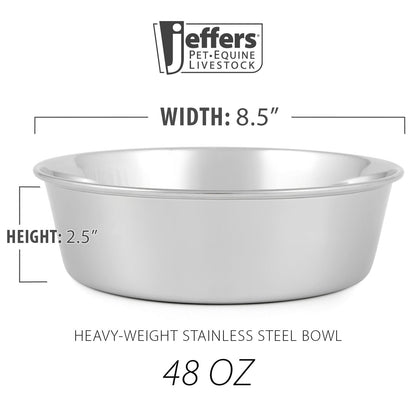 Stainless steel pet bowl with dimensions label, 48 oz size, side view.