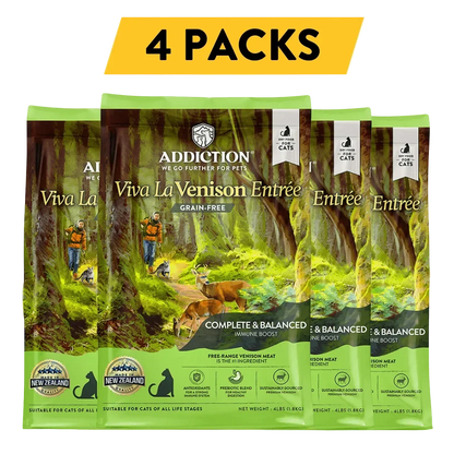 4-pack of Addiction Viva La Venison grain-free dry cat food bags