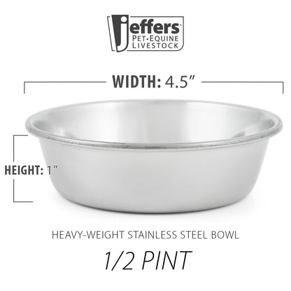 Stainless steel pet bowl with dimensions label, 1/2 pint size, side view.