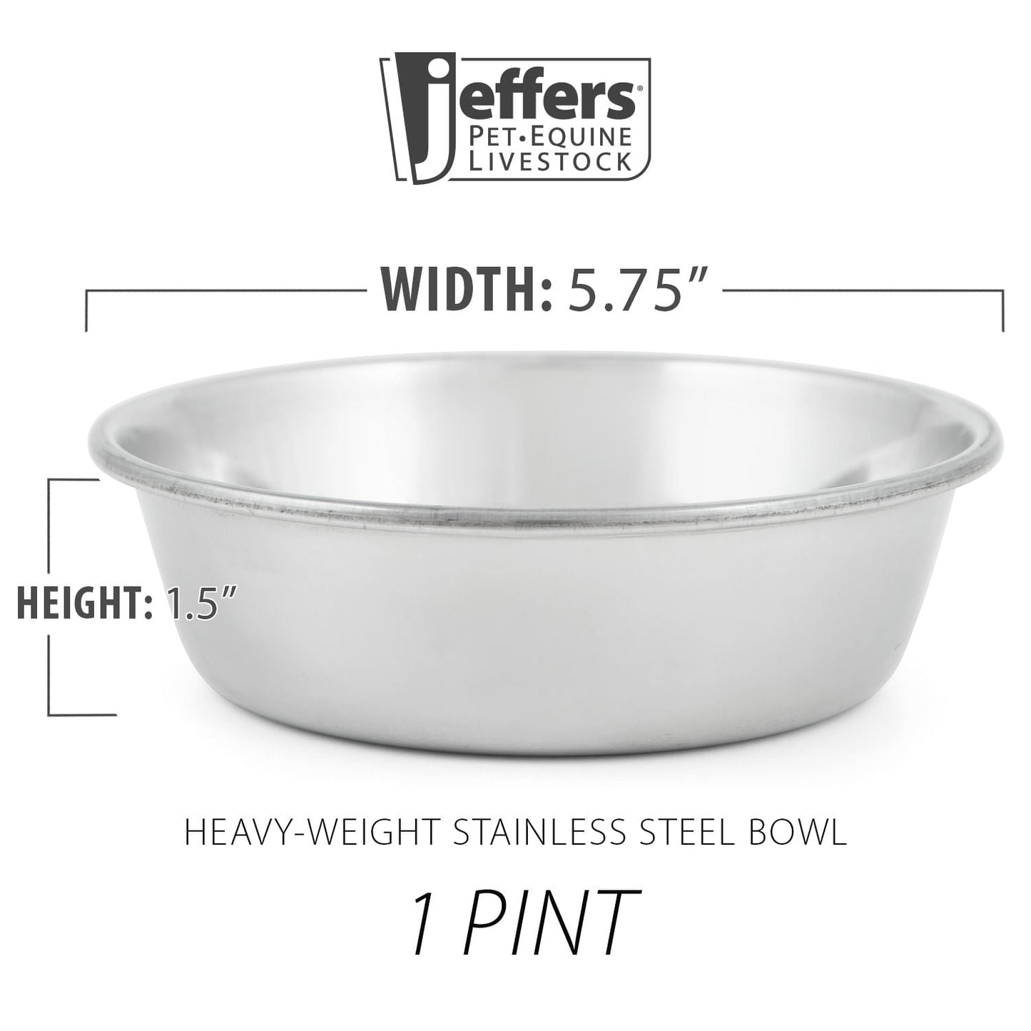 Stainless steel pet bowl with dimensions label, 1 pint size, side view.