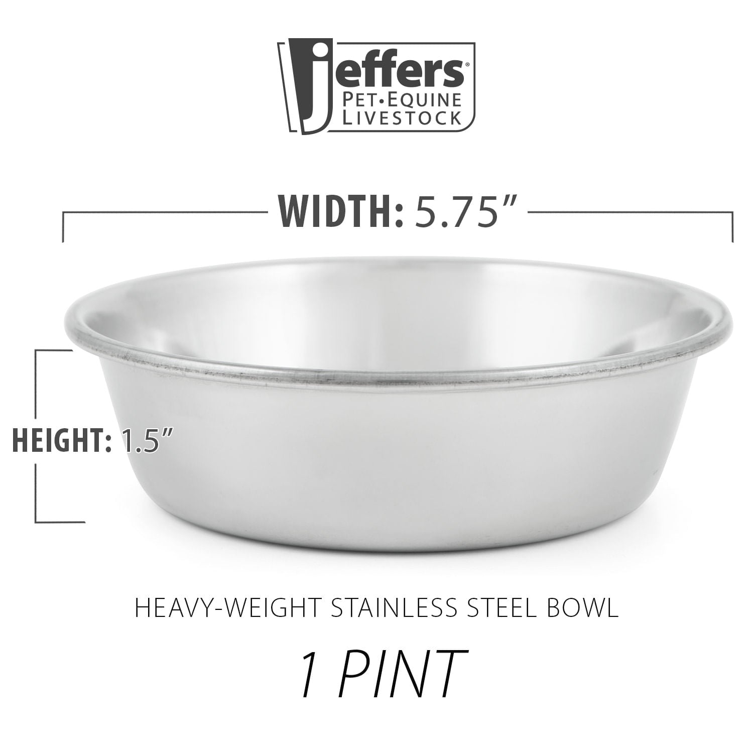 Stainless steel pet bowl with dimensions label, 1 pint size, side view.