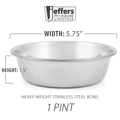 Stainless steel pet bowl with dimensions label, 1 pint size, side view.