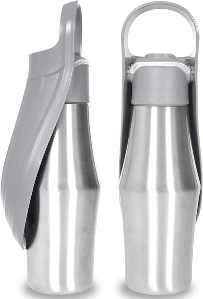 Stainless steel pet water bottle with gray flip cap, two-pack view