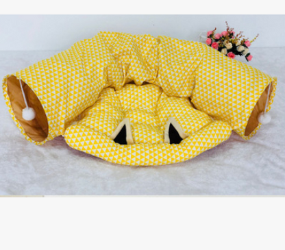 Yellow geometric fabric cat tunnel bed with cushioned center and side entrance hole