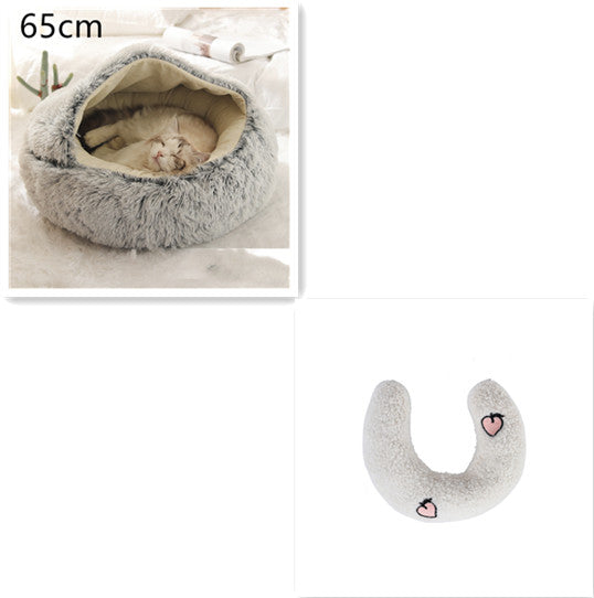 Grey plush pet bed for cats and dogs, 65cm round donut bed with cozy cushioned interior