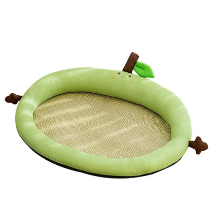 Apple-shaped pet cooling mat with woven center, ideal for dogs and cats to relax comfortably.