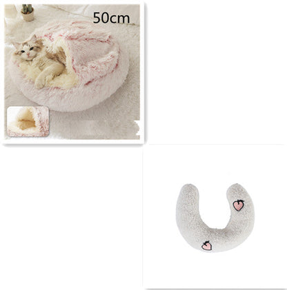 50cm plush pet bed, light gray U-shaped cushion with heart paw patches