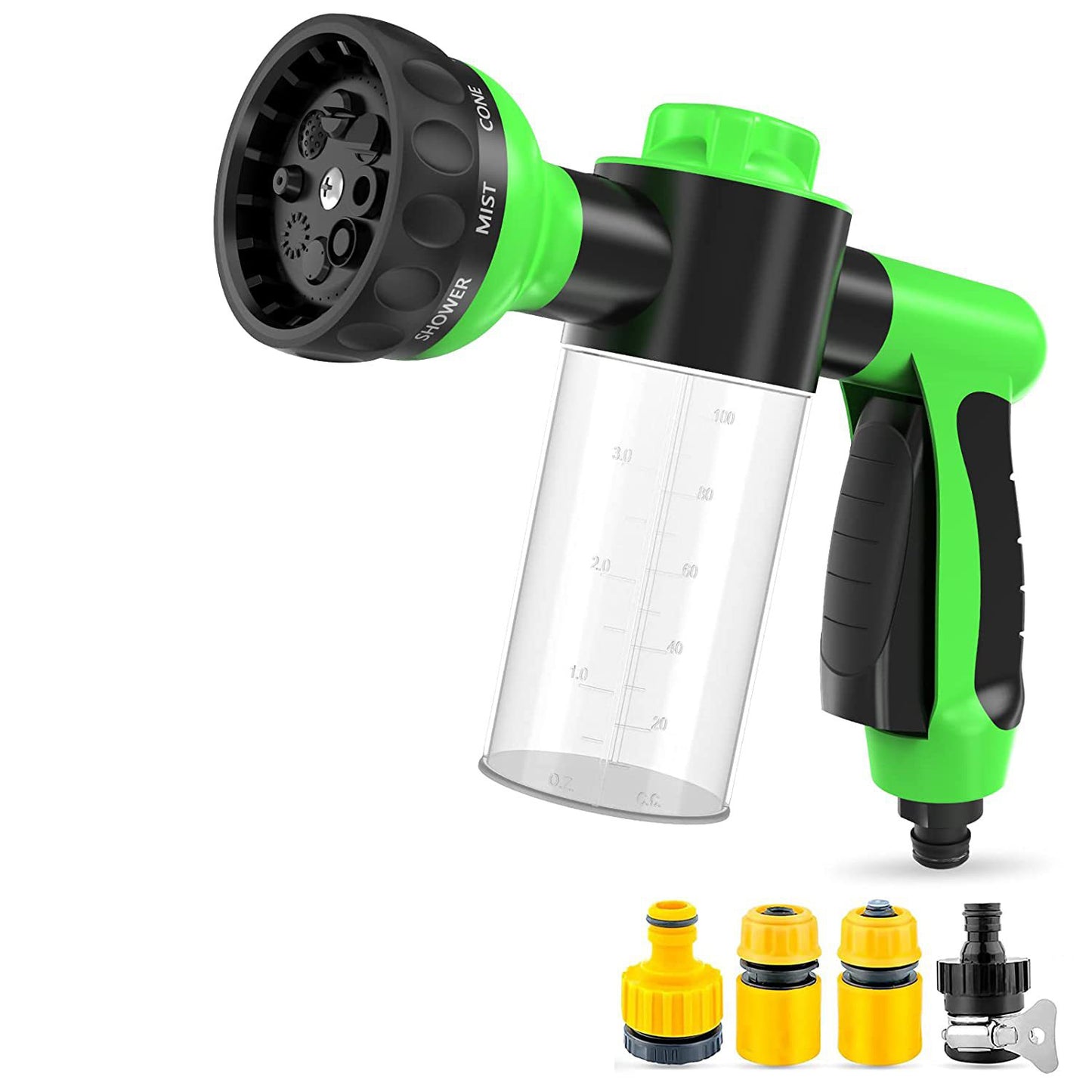 Green dog wash hose attachment with clear measuring cup and black handle