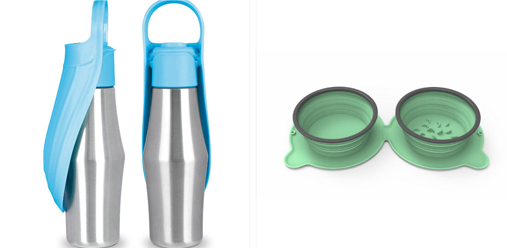 Portable pet dog water bottle set with soft silicone leaf bowls, light blue and green
