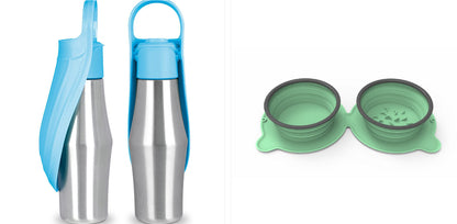 Portable pet dog water bottle set with soft silicone leaf bowls, light blue and green