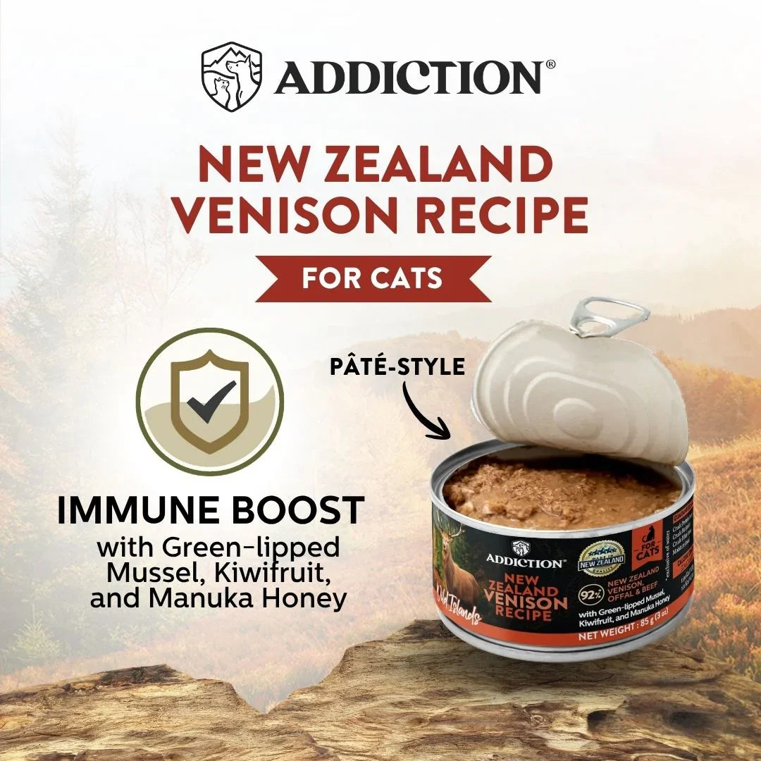 Cat food can with pate-style and immune boost label, New Zealand venison recipe