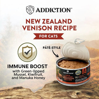 Cat food can with pate-style and immune boost label, New Zealand venison recipe