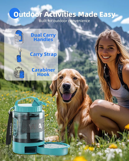 Teal dog travel water bottle with dual carry handle and built-in drinking bowl