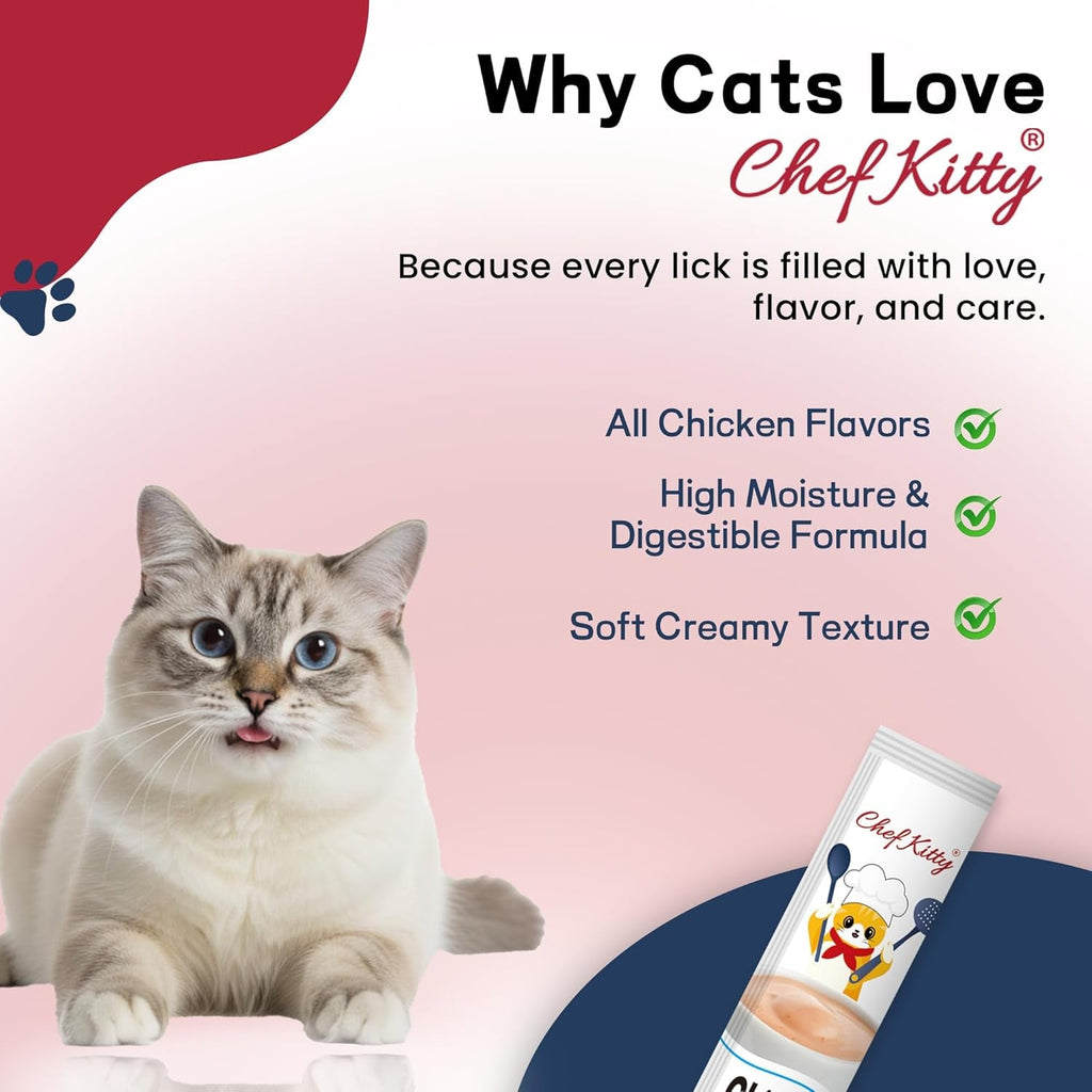 Cat next to Chef Kitty chicken flavor puree pop tube packaging