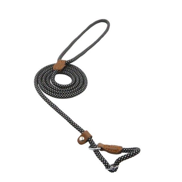 Nylon dog leash set, black speckled rope leash with loop handle and metal clip.
