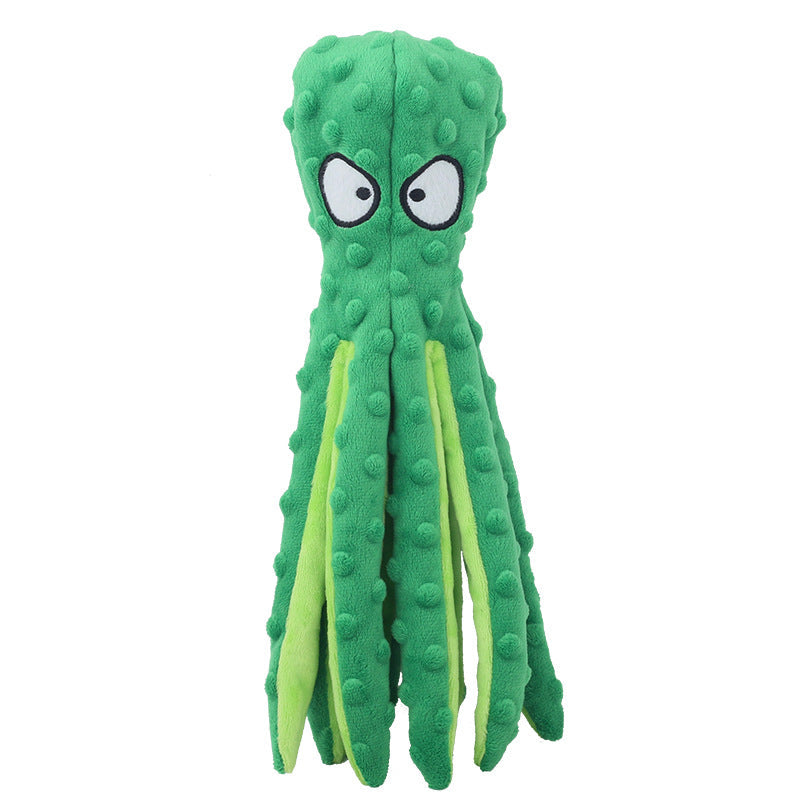Octopus squeaky dog toy plush in green with textured tentacles and cartoon eyes