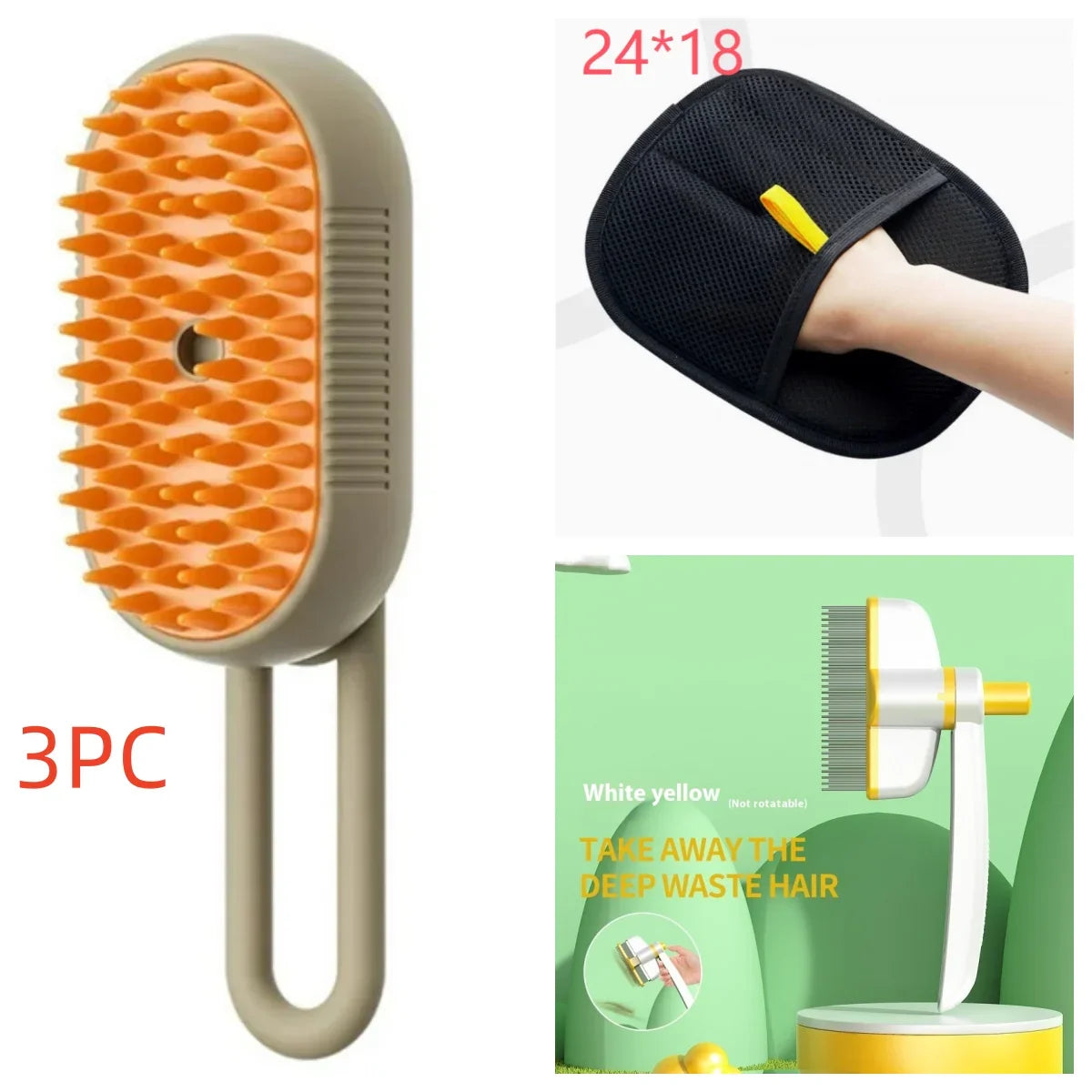Cat steam brush, beige handle with large orange spiky circular brush head