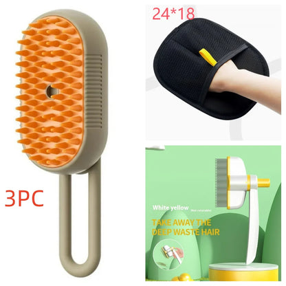Cat steam brush, beige handle with large orange spiky circular brush head