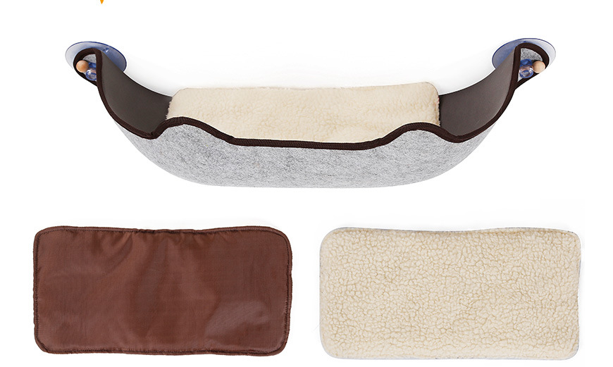 Fabric cat hammock with dark edges and two included pads: brown and beige