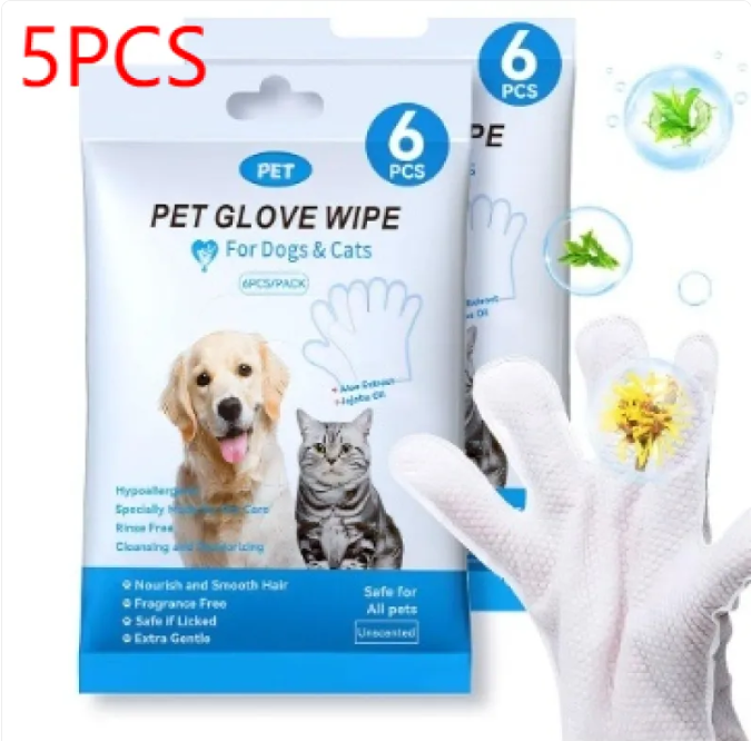 Pet glove wipe pack with white cleaning glove, showing 6 pcs and 5 pcs