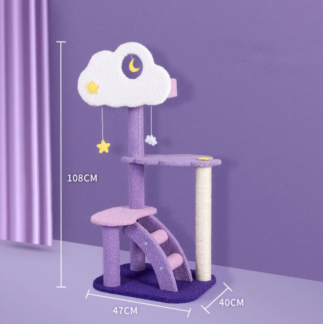 Cat scratching platform with purple-and-cream posts, cloud top, curved ladder ramp, and hanging toys