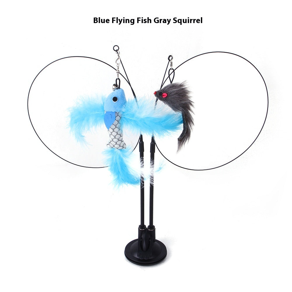 Cat suction teaser toy with blue plush fish and gray squirrel on double wand poles