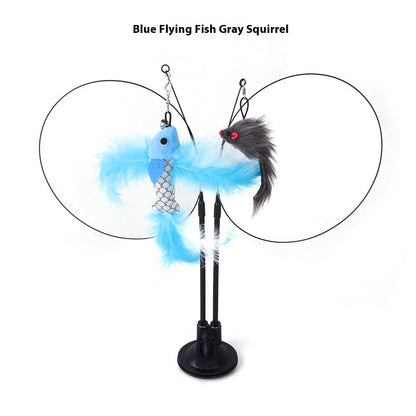 Cat suction teaser toy with blue plush fish and gray squirrel on double wand poles