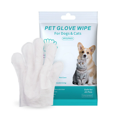 Pet glove wipe pack with two white mitts for dogs and cats