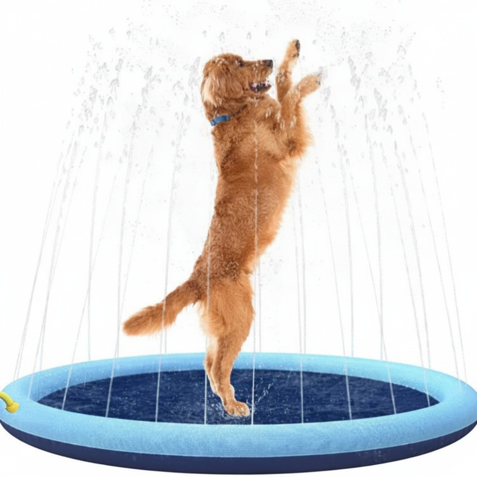 Pet swimming pool with blue rim and dark mesh base, dog standing in water