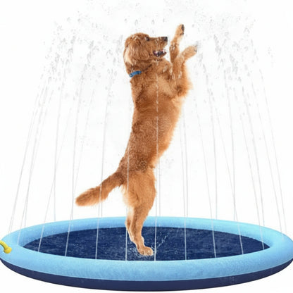 Pet swimming pool with blue rim and dark mesh base, dog standing in water