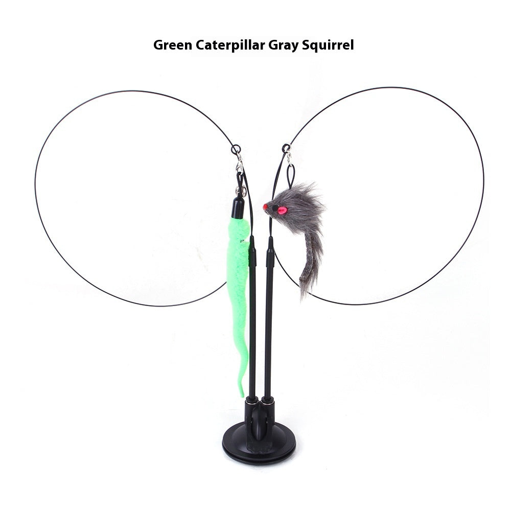 Cat teaser toy with green caterpillar wand and gray squirrel tail on double suction rods