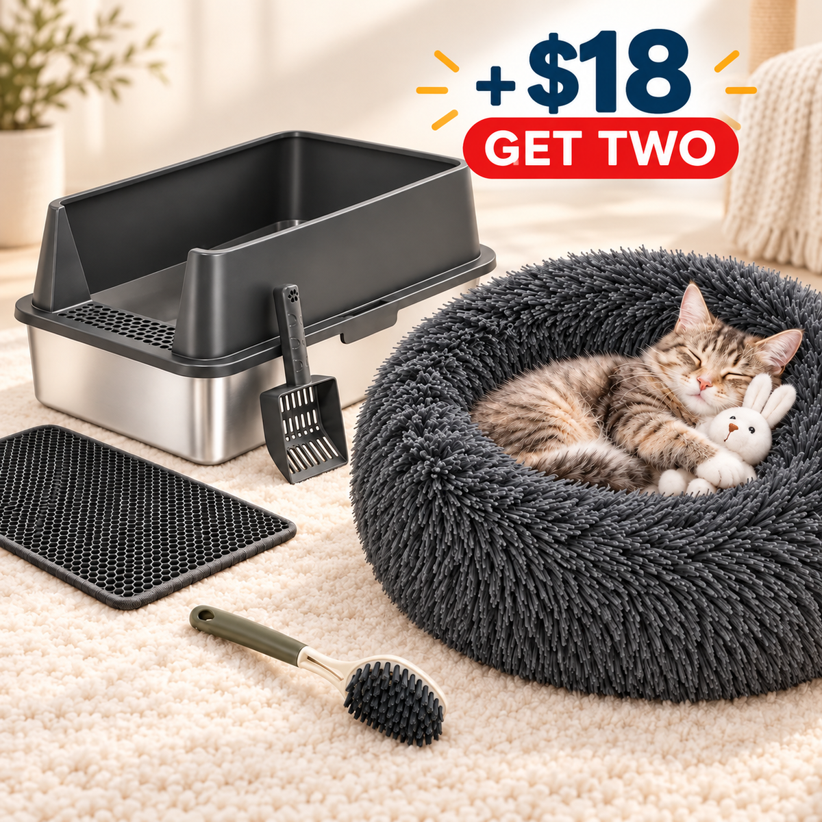 Stainless steel cat litter box with litter mat, cleaning brush, and cat bed