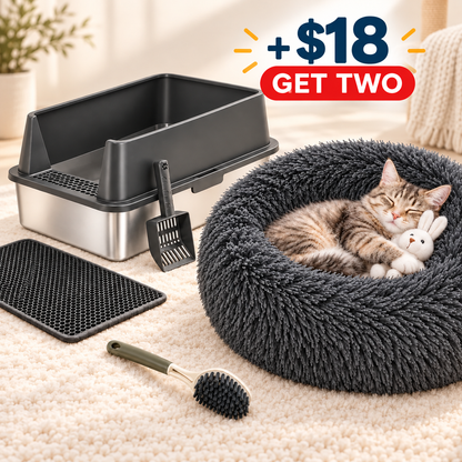 Stainless steel cat litter box with litter mat, cleaning brush, and cat bed