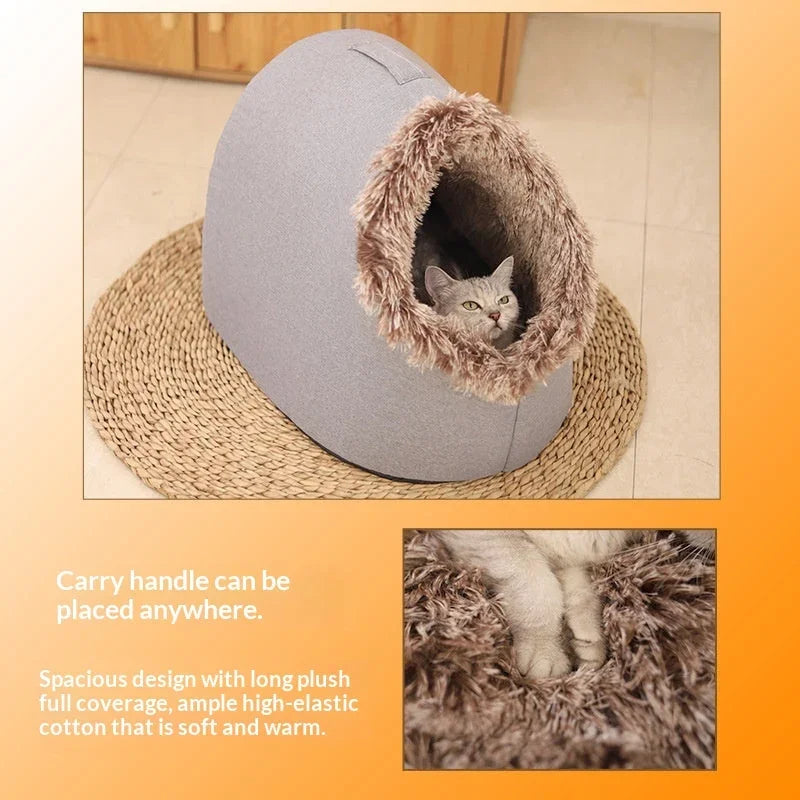 Grey Pet Zen enclosed winter cat bed with plush lining on a woven mat.