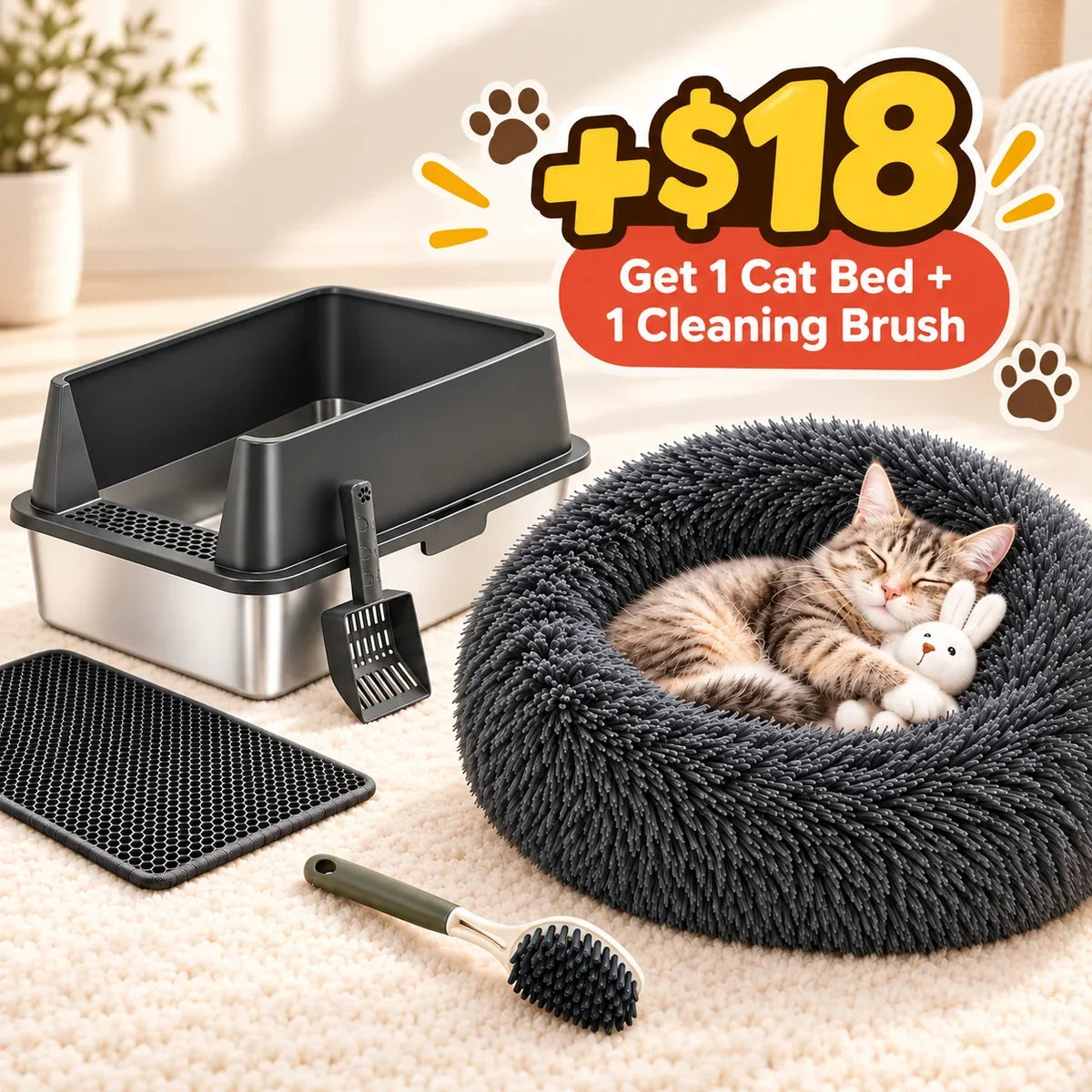 Stainless steel cat litter box with cat bed and cleaning brush for pets