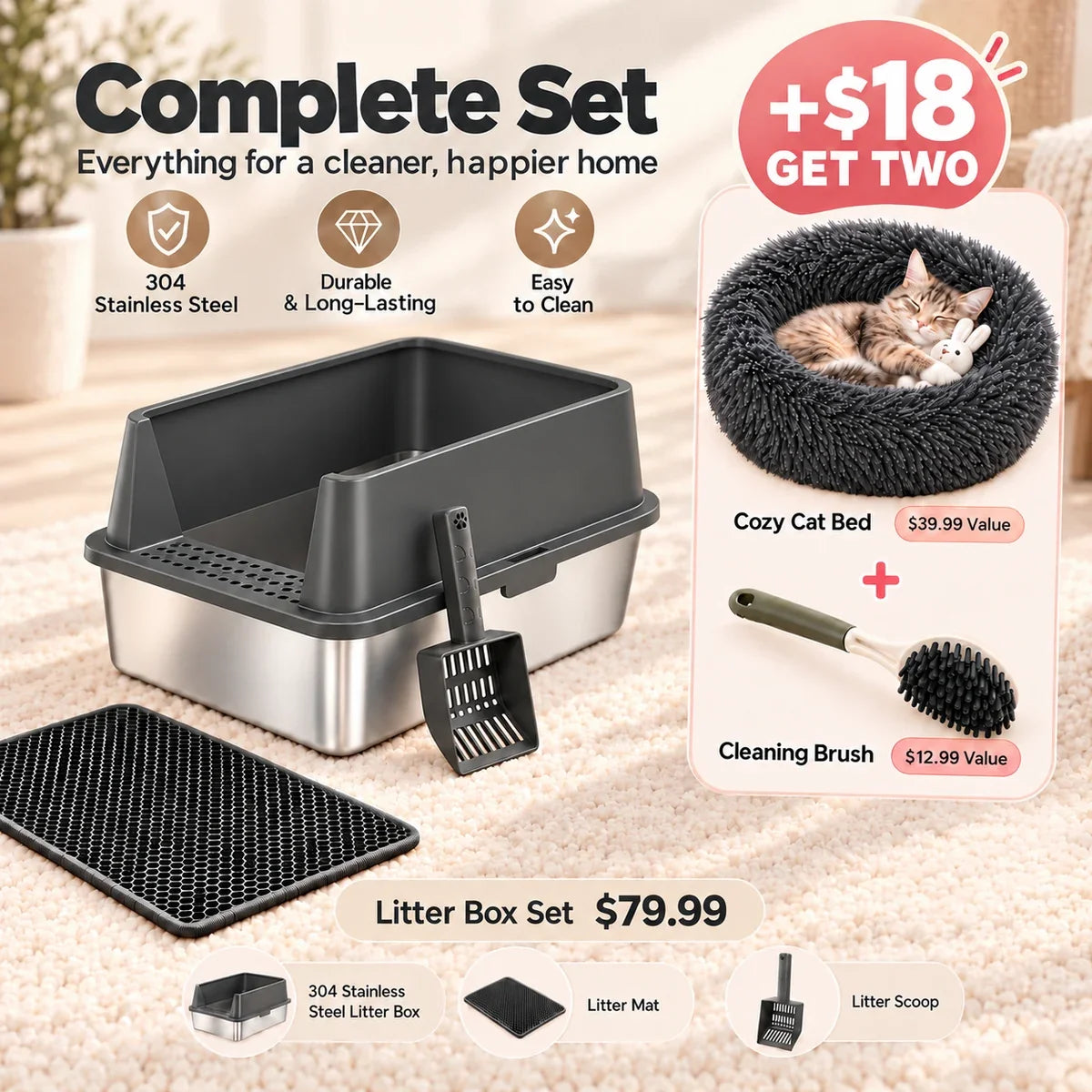Stainless steel cat litter box set with litter mat and metal scoop