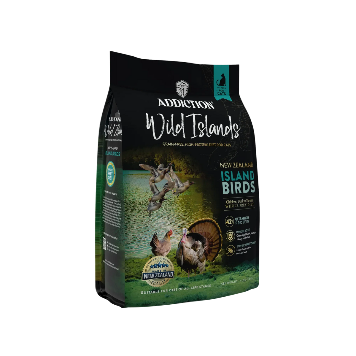Dry cat food bag with Wild Islands logo and New Zealand Island Birds label