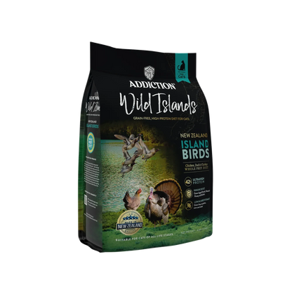 Dry cat food bag with Wild Islands logo and New Zealand Island Birds label